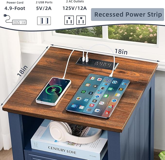 18" Farmhouse Night Stands Set of 2 with Charging Station, 2 & 3 Drawers End Table Dresser for Bedroom, Blue Wooden Nightstand, Bed Side Table with Open Shelf, Bedside Cabinet for Living Room