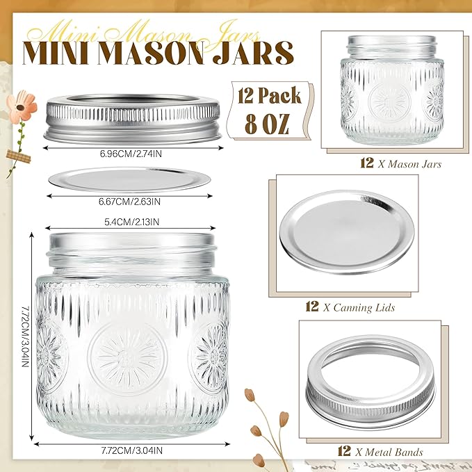 Mason Jars 8 oz - Vintage Small Glass Mason Jars with Silver Metal Lids, Regular Mouth Canning Jars, Safe For Storage, Canning, Pickling, Preserving, Fermenting, DIY Crafts & Decor (12Pack)