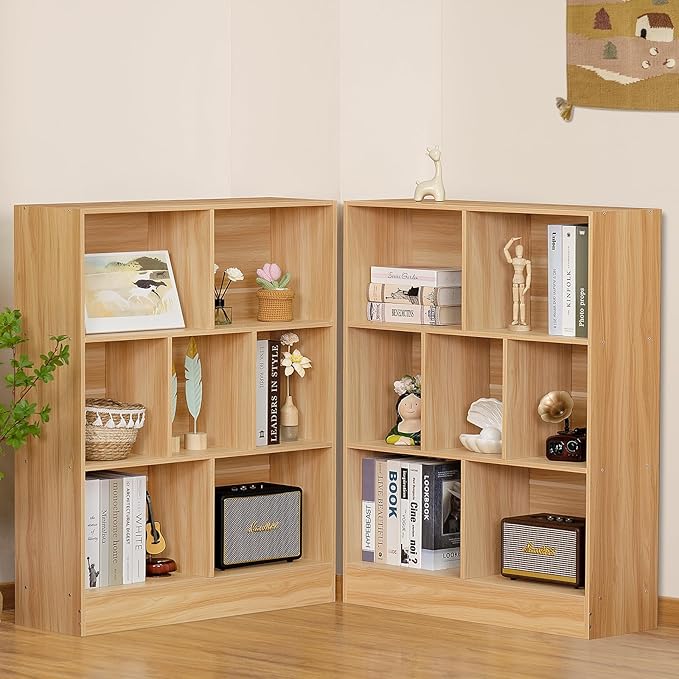 LEYAOYAO 7 Cube Bookshelf with Wood Base,Natural 3 Tier Mid-Century Modern Bookcase,Standing Wide Bookshelves Storage Organizer Shelf,Rustic Display Cabinet Book Shelves for Bedroom,Living Room