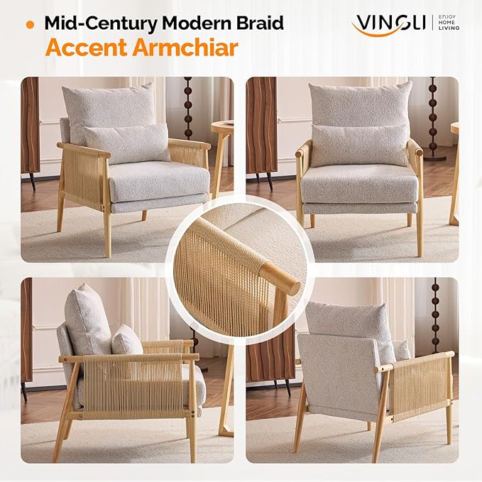 VINGLI Boho Braid Accent Armchair,Mid-Century Modern Chiar with Solid Wooden Armrest,Comfy Louge Cushion Chair with Waist Pillow for Bedroom,Living Room,Reading Room, Light Gray