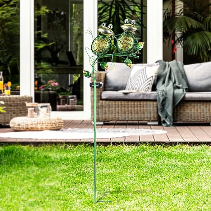 Afirst Solar Lights Outdoor Decorative Metal Sitting Frogs Hollow Out White LED Metal Waterproof Garden Stake Lights for Walkway Pathway Lawn Patio Yard Decorations