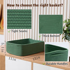 Large Shallow Organizing Baskets 15x11x5.1 Inches - Rope Woven Storage Bins for Bathroom, Shelves, Cube Closet, Green 2 Packs