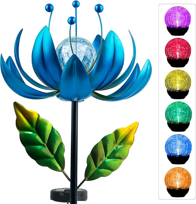 Solar Wind Spinner, 38 Inch Metal Stake Yard Spinners,Solar Powered Multi-Color LED Glass Ball with Kinetic Wind Sculpture Spinner Windmills for Yard