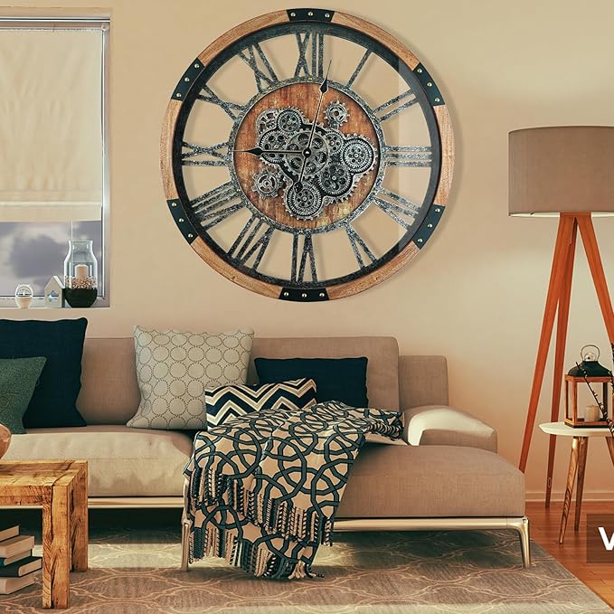 DORBOKER 36'' Large Wall Clock Real Moving Gears Oversized Industrial Solid Wood Rusic Farmhouse Clocks for Living Room Wall Decor Home Office, 36 inch 90cm, Brown and Vintage Bronze