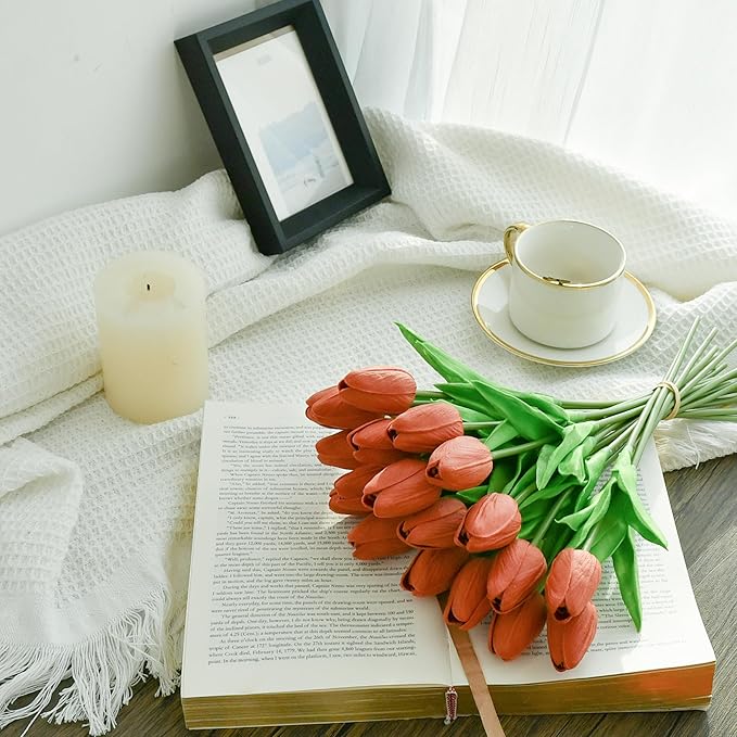 Mandy's Artificial Tulips 20 Stems Terracotta PU Faux Flowers for Wedding Home Decor 13.5 Inch