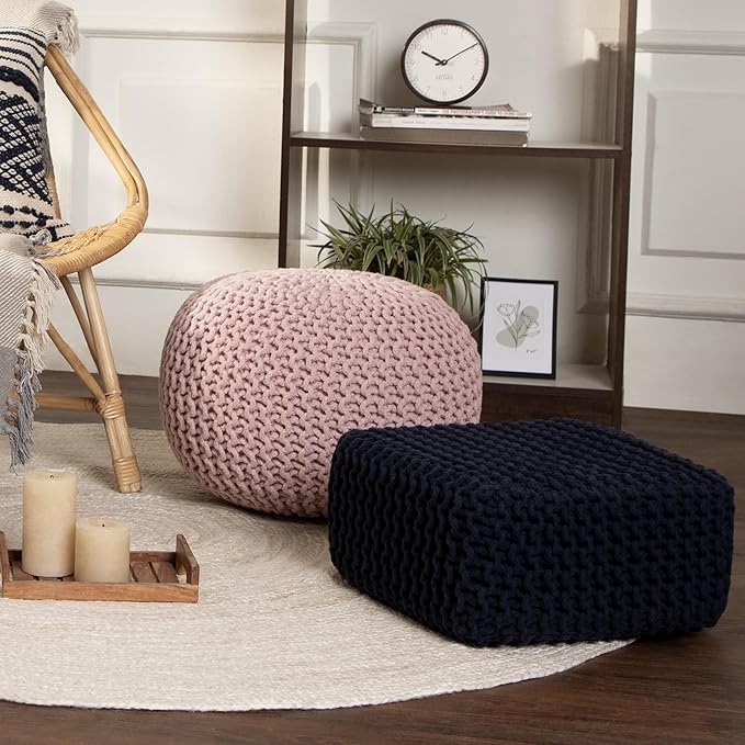 REDEARTH · Cube Low Pouf Foot Stool Ottoman - Hand Knitted Poof - Cord Boho Pouffe - Home Décor - Stuffed Footrest for Living Room - Nursery - Bedroom - Patio (16" x 16" x 8") - Navy Blue