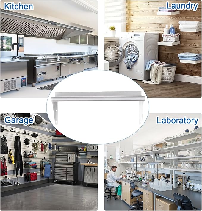 HARDURA Stainless Steel Shelf 18" x 48", 385lb Commercial Shelves Wall Mount Metal Shelving with Backsplash and Brackets for Kitchen, Restaurant, Laundry Room and Home