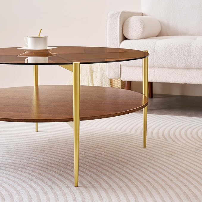 Extra Large Round Coffee Table, Mid-Century Modern Design, D34 x H17 in, for Living Room, 2-Tier Structure, Amber Glass Top and Walnut MDF Shelf, Sleek Conical Metal Legs with Gold Finish