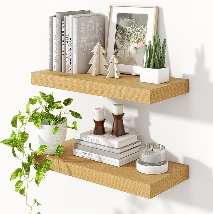 Heimlove 24 inch Floating Shelves for Wall,9.3 inch deep Bathroom Over Toilet Shelf,Wall Mounted Rustic Wood Shelves for,Bedroom,Living Room,Kitchen,Office Decor Set of 2-Oak Color