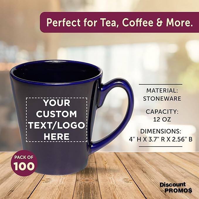 DISCOUNT PROMOS Custom Glossy Ceramic Latte Coffee Mug 12 oz. Set of 100, Personalized Bulk Pack - Perfect for Tea, Espresso, Cappuccino, Hot Cocoa - Blue