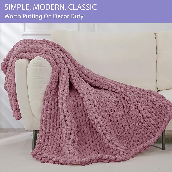 Bigacogo Chunky Knit Throw Blanket for Couch, 40x80 inches, 100% Hand Knitted with Thick Jumbo Chenille Yarn, Cozy Soft Large Rope Knot Cable Crochet Blankets for Sofa Bed Living Room, Burnt Rose