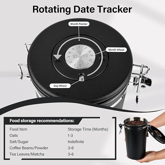 malmo Coffee Canister Set of 3, Airtight Coffee Container with Date Tracker Lid, Stainless Steel Canister for Kitchen Food Storage (Black, 180oz)