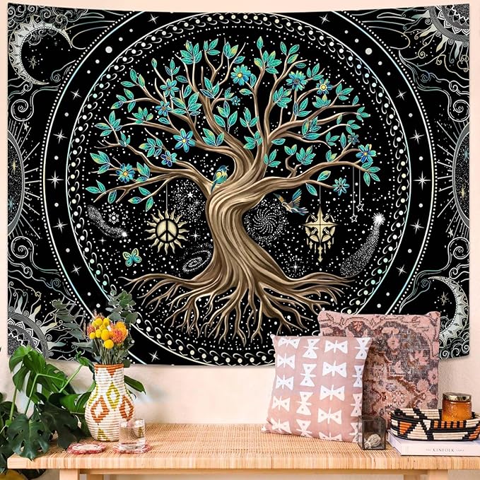 Lunerfex Tree of Life Tapastry Butterfly Moon Tapastry Flower Green Tree Tapestries Mandala Wall Hanging for Bedroom and Living Room Decor 44×60 Inches