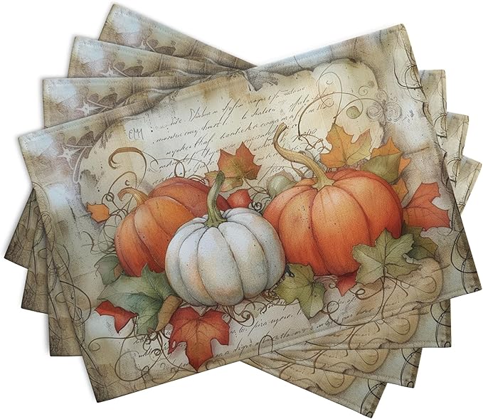 Fall Pumpkin Maple Leaf Placemats Set of 4, 12x18 Inch Vintage Autumn Harvest Rustic Leaves Table Mats Seasonal Fall Thanksgiving Washable Linen Fabric Place Mats for Party Kitchen Dining Decor