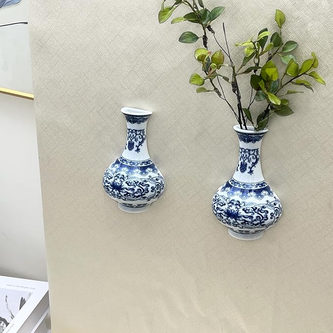 Set of Two Blue and White Porcelain Wall Vases for Flowers – Handmade Chinoiserie Ceramic Wall Mounted Flower Vase, Decorative Hanging Vases for Living Room, Bookshelf & Indoor Décor