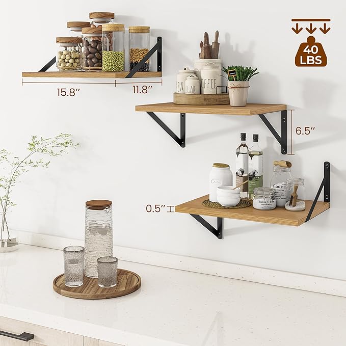 Heimlove Deep Floating Shelves for Wall, 12 Inch Deep Floating Shelves Set of 3, 16W x 12D Wood Wall Shelves, Wide Wood Shelves with Metal Bracket for Living Room, Kitchen, Office, Bedroom - Oak