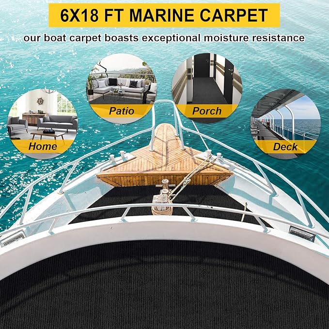 Marine Carpet - 6 FT x 18 FT Black Indoor/Outdoor Carpet, 0.2" Thick, Water-Proof TPE Backing, Non-Slide for Home, Patio, Porch, Deck