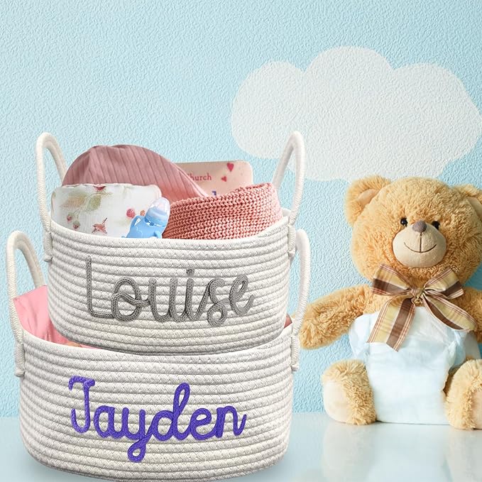 Personalized Baby Basket with Name Custom Cotton Rope Storage Bin for Diaper Caddy, Organizer, Keepsake - Shower Gift