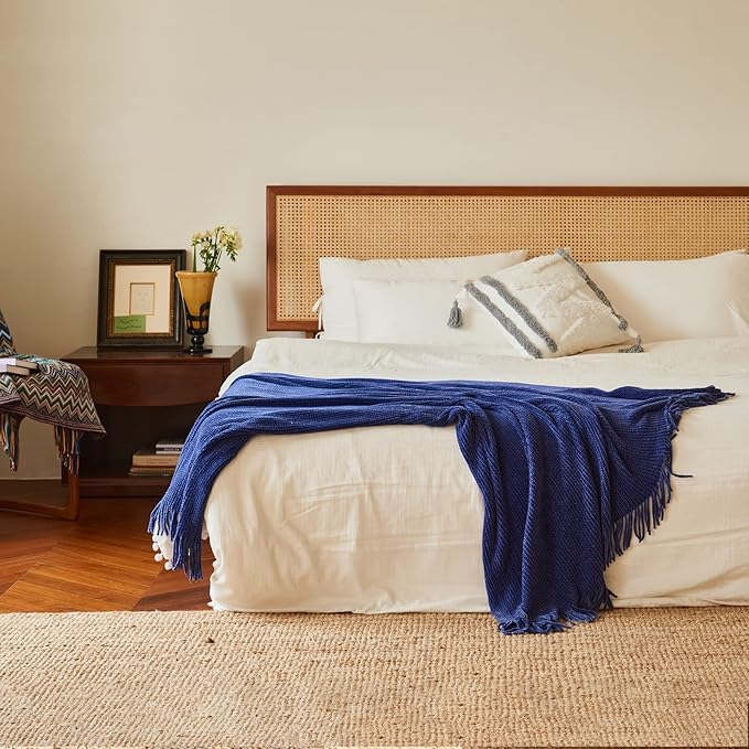 lifein Throw Blanket for Couch, Soft Boho Decor Bed Throw,Cozy Blue Chenille Knitted Small Farmhouse Lightweight Throw for Spring(Blue,50 * 60")