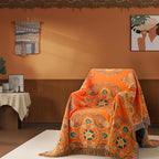 Boho Throw Blanket Twin Size, Soft Cozy Cotton Muslin Quilt Blanket for Bed Decor, Floral Patterned Couch Sofa Chair Cover, Vintage Farmhouse Cottage Tapestry Woven Blanket, Orange&Green