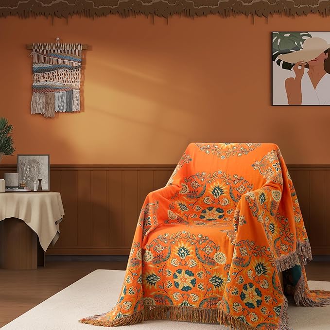 Boho Throw Blanket Twin Size, Soft Cozy Cotton Muslin Quilt Blanket for Bed Decor, Floral Patterned Couch Sofa Chair Cover, Vintage Farmhouse Cottage Tapestry Woven Blanket, Orange&Green