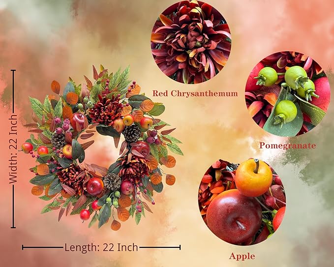 22 Inch Fall Chrysanthemum Wreath Harvest Floral Wreath with Apples Pinecones Berries and Eucalyptus Maple Leaves for Fall Thanksgiving Halloween Mantel Table Outdoor Front Door Wall Window
