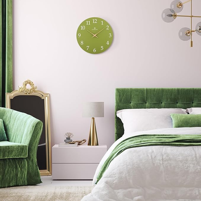 Lafocuse 12 Inch Silent Olive Green Wall Clock Battery Operated for Living Room Decor, Simple Minimalist Wooden Wall Clock for Kitchen Bedroom Office