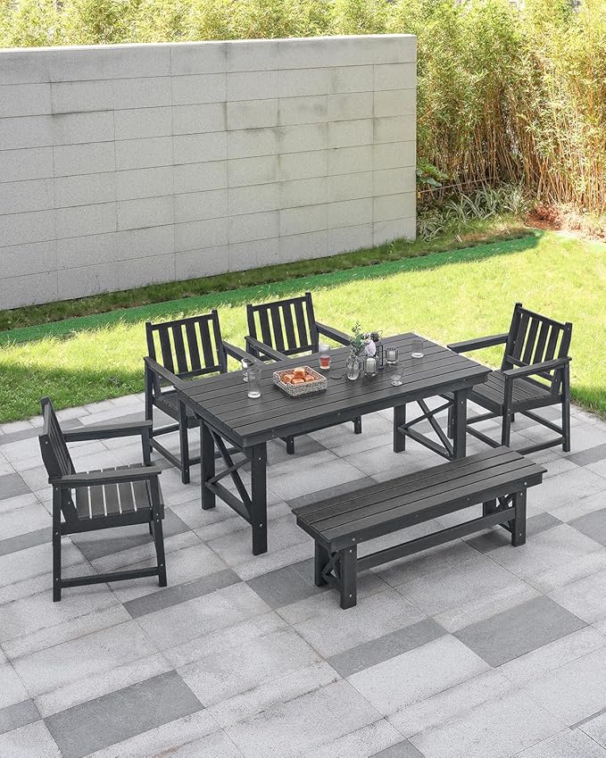 HDPE Outdoor Bench, 55" Patio Bench Outdoor Furniture, Poly Lumber Adirondack Benches, Fade-Resistant HDPE Garden Backless Benches for Park, Poolside, Garden, Porch, Obsidian
