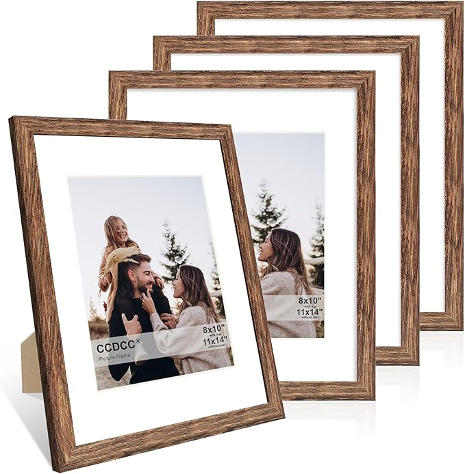 11x14 Picture Frame Set of 4, 11 x 14 Wood Photo Frames with Mat for 8x10, Natural Wooden Frame with Real Glass Cover for Wall and Tabletop Display,Rustic Brown