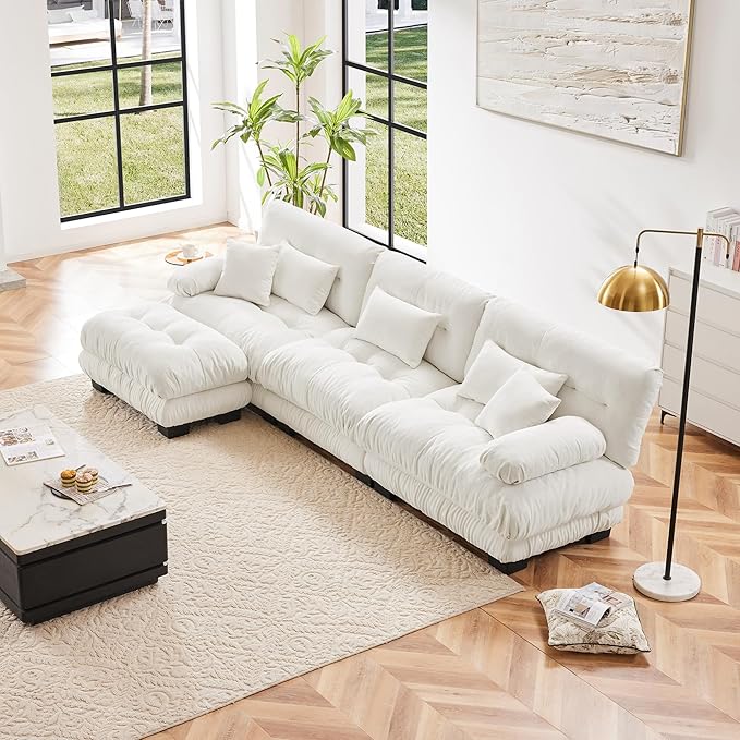 Modern L-Shaped Couch, 3-Seater Cloud Couch with Round Bolster Armrests, Oversized Loveseat Sectional Sofa, Chenille Fabric, White