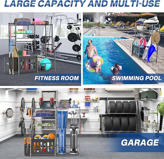 Garage Sports Equipment Organizer, Strong Load Bearing Golf Bag Organizer, Multi Use Golf Ball Rack Basketball Rack for Sports Gear and Outdoor Toy Ball Storage