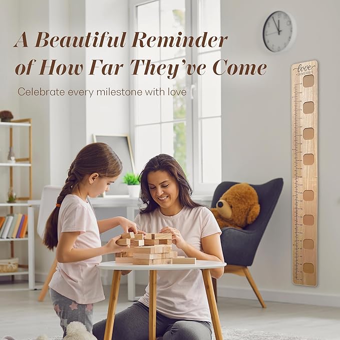 Wooden Growth Chart for Wall - Foldable Height Chart for Kids with Picture Slots - Milestone Tracker Measuring Board with Mounting Hooks - Easy Installation, Smooth Finish, Neutral Color