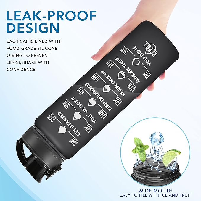 Enerbone Water Bottle, Leakproof BPA & Toxic Free, Motivational Water Bottle with Times to Drink and Straw, Fitness Sports Water Bottle with Strap for Office, Gym, Outdoor Sports