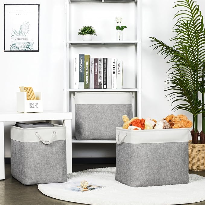 Bidtakay Extra Large Storage Baskets for Organizing 17x12x15.1 inch 3-Pack Fabric Closet Organizers Storage Bins with Handles Foldable Storage Baskets for Shelves Clothes XL-White&Grey
