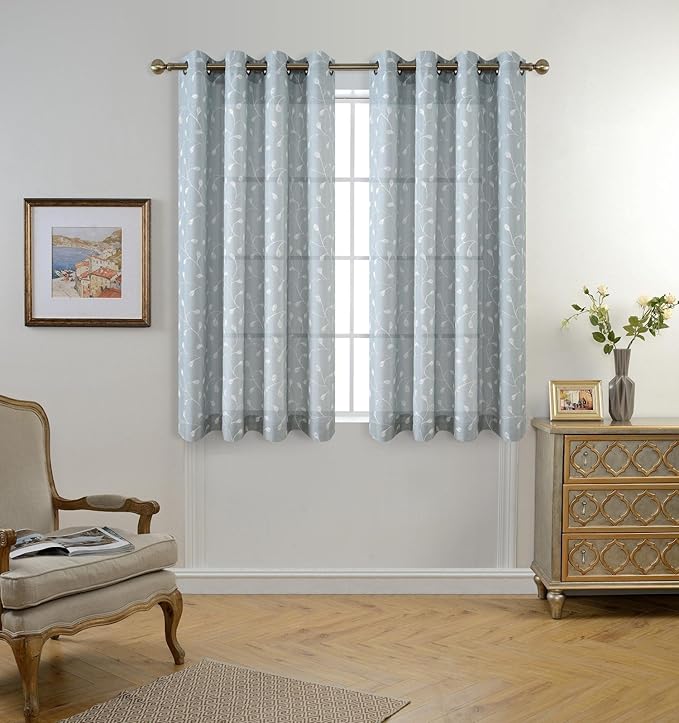MIUCO Floral Embroidered Semi-Sheer Curtains Faux Linen Grommet Window Panel Pair for Nursery 52 x 63 Inch, Sea Foam