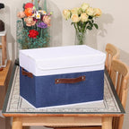 ANMINY Storage Boxes with Lids Washable Decorative Storage Bins Basket with PU Leather Handle Foldable Linen Fabric Storage Cubes Containers for Home Closet Organizer - Deep Blue White, Large Size