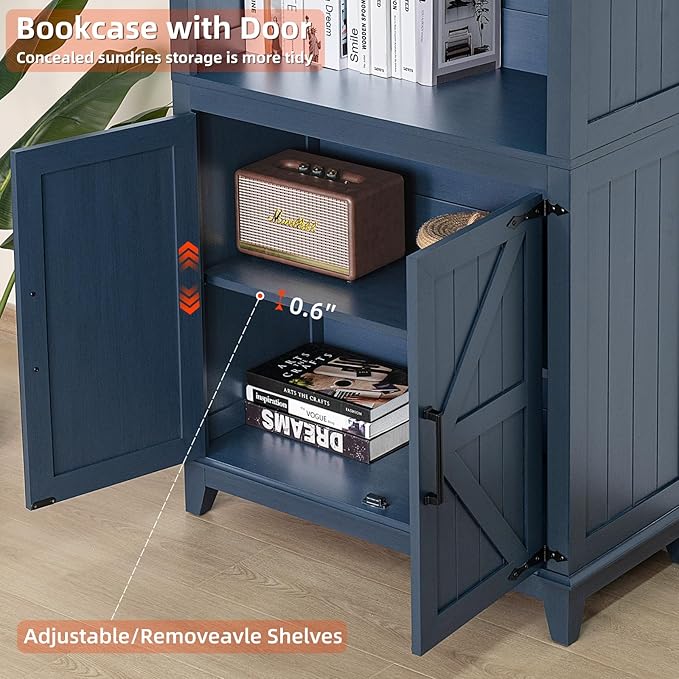 5 Tier Bookshelf 70in Tall Bookcase with Barn Doors and Storage Cabinet, Blue Farmhouse Book Shelf with Adjustable Shelves, Wood Freestanding Display Bookshelves for Bedroom, Kitchen (3PCS)