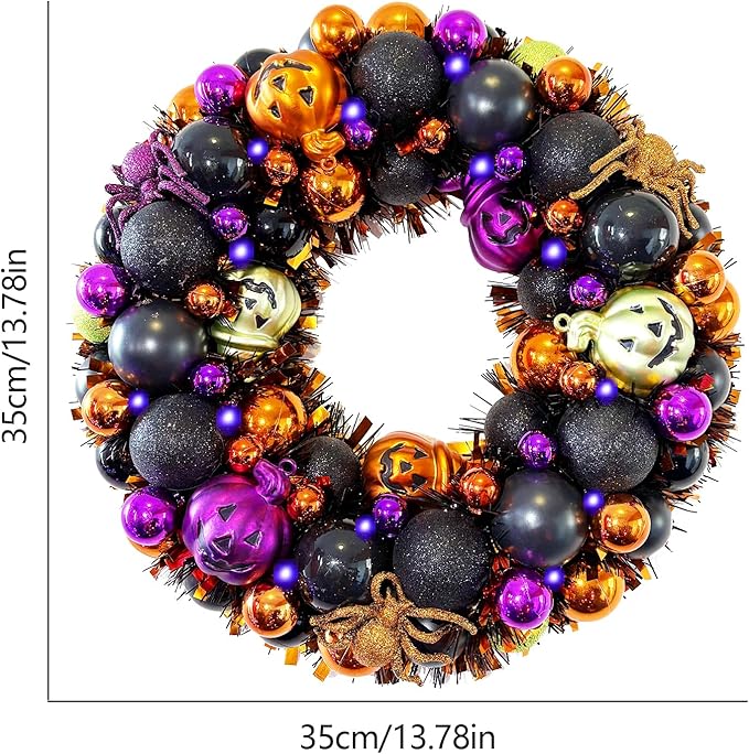 13.8 Inch Halloween Ball Wreath for Front Door with Lights, Lighted Cute Treat-or-Trick Door Wreath Ball Ornament for Halloween Indoor Decorations Centerpiece Party Holiday Wall Home Decor