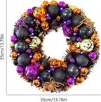 13.8 Inch Halloween Ball Wreath for Front Door with Lights, Lighted Cute Treat-or-Trick Door Wreath Ball Ornament for Halloween Indoor Decorations Centerpiece Party Holiday Wall Home Decor