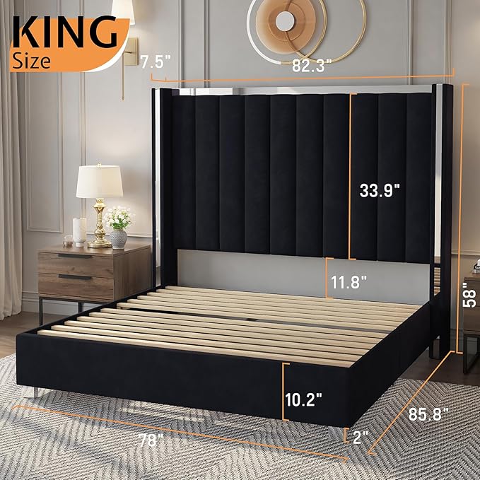 Jocisland King Size Bed Frame with 58" Tall Headboard, Velvet Upholstered Platform Bed with Channel Tufted Wingback Headboard and Plating Trim, No Box Spring Needed, Black