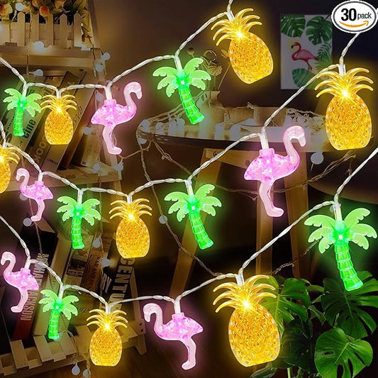 Couah 30 LED 16Ft Summer Beach Hawaiian String Lights - 8 Modes & Timer - Flamingo Pineapple Palm Tree Fairy Lights - Battery Operated for Tropical Party Pool Decorations