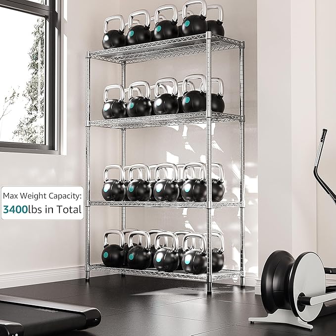 IZEUK 3400 LBS Garage Shelving Wide Storage Shelves 4 Tier Metal Shelves Heavy Duty Adjustable Utility Shelf Rack Chrome 17.7" D x 59.1" W x 70.4" H