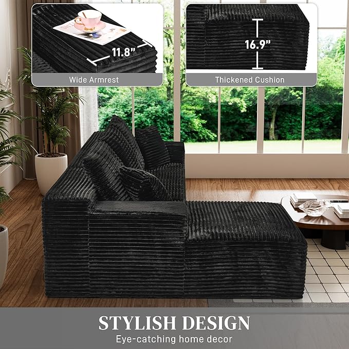 Modular Sectional Sofa Cloud Sectional Couch, 107" Comfy Fluffy L Shaped Light Black Couches for Living Room, Deep Seat Memory Foam Corduroy Boneless Couch Sectionals with Right Facing Chaise Sofa