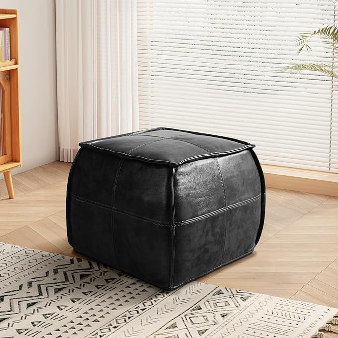 Leather Ottoman,Handmade Stuffed Square Ottoman,Genuine Leather Pouf, Foot Rest Pouf,Comfortable Soft Seating for Living Room & Bedroom (Black, Square)