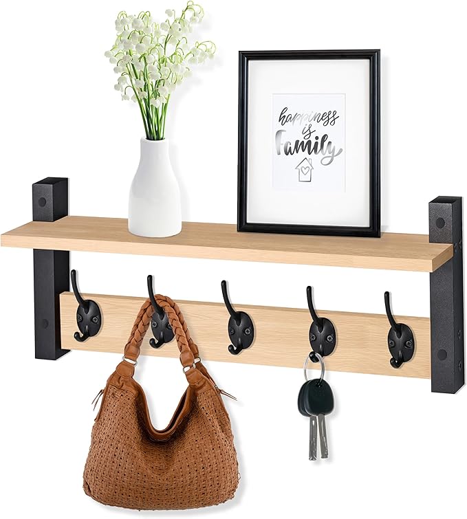 Sorbus Coat Hooks Wall Mount with Shelf – 24 Inch Coat Rack Wall Mount with 5 Heavy Duty Hooks – Floating Wall Shelf with Hooks for Entryway, Bathroom, Bedroom, Kitchen, or Mudroom (Maple Wood)