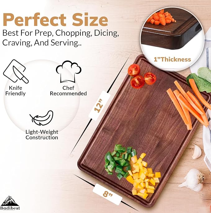 Handcrafted Walnut Wood Cutting Board 12x8, Non Toxic Kitchen Chopping Board with Juice Groove Charcuterie Serving Board, Eco & Knife Friendly Small Wooden Cutting Boards for Kitchen, Restaurant Use