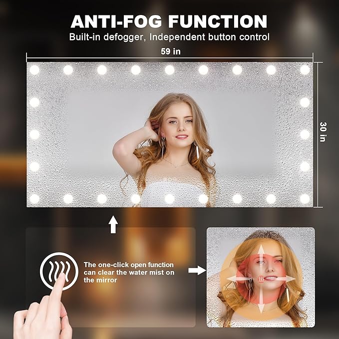 Hasipu LED Bathroom Mirror with Lights, 59" x 30" Hollywood Wall-Mounted Bathroom Mirror with 24 Dimmable Bulbs, 3 Colors Modes, Touch Control, Anti-Fog, Memory Function, Shatter-Proof, ETL Listed