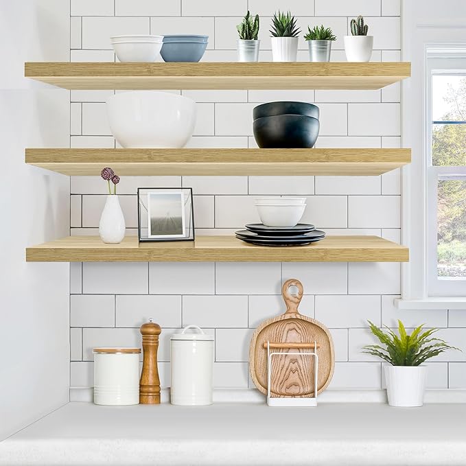 Sorbus Floating Shelves for Wall - 35 Inch Long Bathroom Shelves, Wall Decor for Bedroom, Kitchen, Living Room & Book Storage - Mounted Floating Shelf with Invisible Brackets (Maple Wood, 3 Pack)