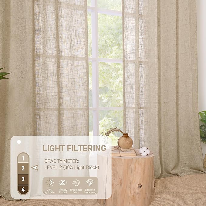 LAMIT Brown Linen Sheer Curtains 95 inch for Living Room 2 Panels, Soft Thick Light Filtering Boho Window Textured Burlap Drapes with Bronze Grommet for Bedroom Farmhouse, 52 x 95 Inch