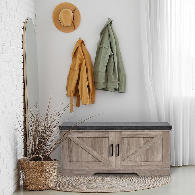 2-Tier Storage Bench, Shoe Bench with Padded Seat Cushion, Entryway Bench with 2 Barn Doors, Adjustable Shelf, 13.8" D x 39.4" W x 17.7" H, for Entryway, Living Room, Bedroom, Greige